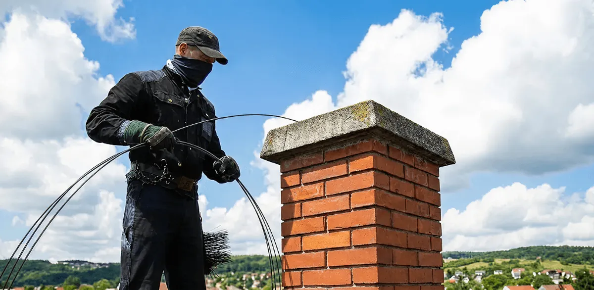 Chimney sweep cleaning a brick chimney with professional tools in Boulder, CO
